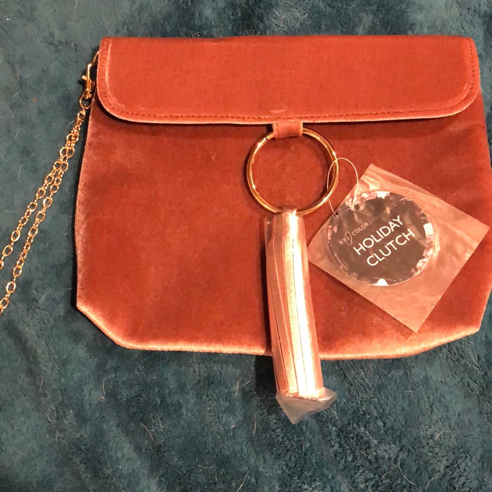 Pink velour snap top holiday clutch